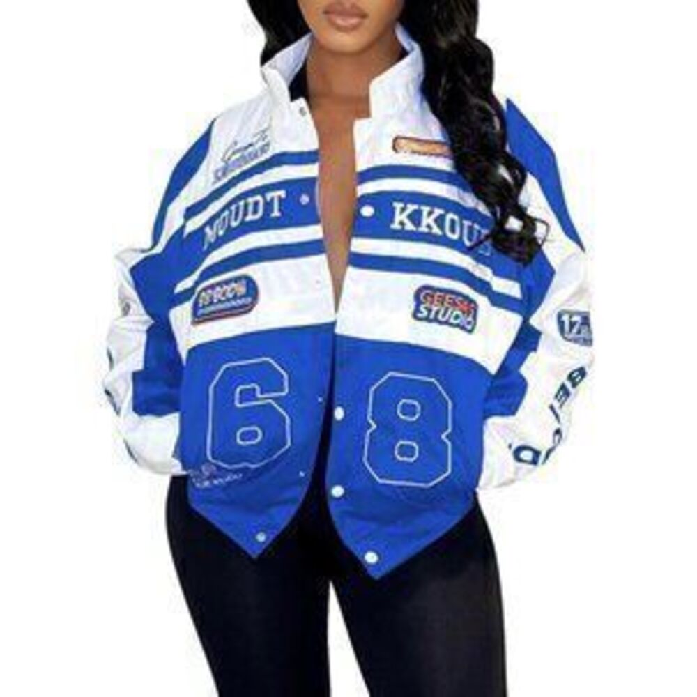 Women Varsity Jacket Motorcycle Racer Detachable Letter Graphic Jackets Black